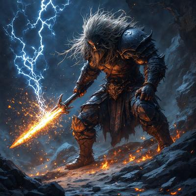 The primary subject of the image is a man with long hair, dressed in a suit of armor, holding a sword. He appears to be a warrior or a knight, possibly from a fantasy or medieval setting. The man is standing on a rocky surface, which adds to the rugged and adventurous atmosphere of the scene. The visual style of the image is a digital art or illustration, which gives it a more detailed and realistic appearance. The colors in the image are predominantly dark, with the man
